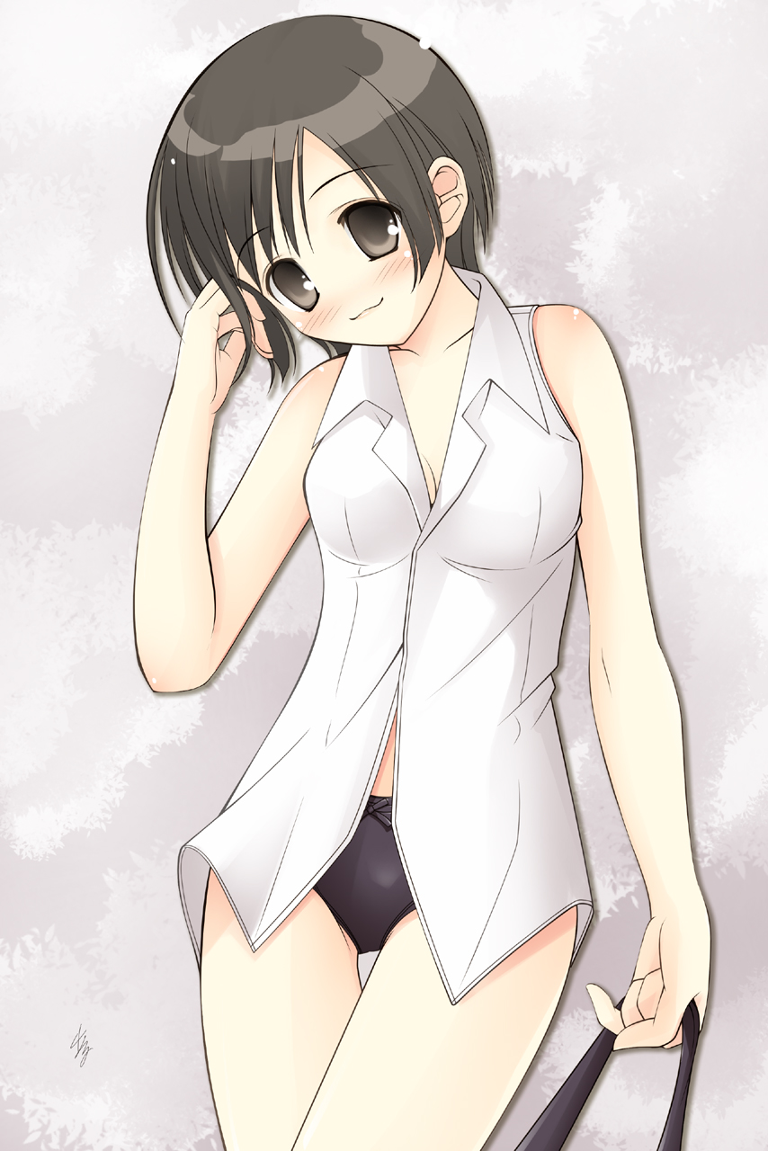 original, highres, black panties, blouse, blush, bow, bow panties, brown eyes, brown hair, panties, ribbon, shirt, short hair, sleeveless, solo, standing, thigh gap, thighs, underwear