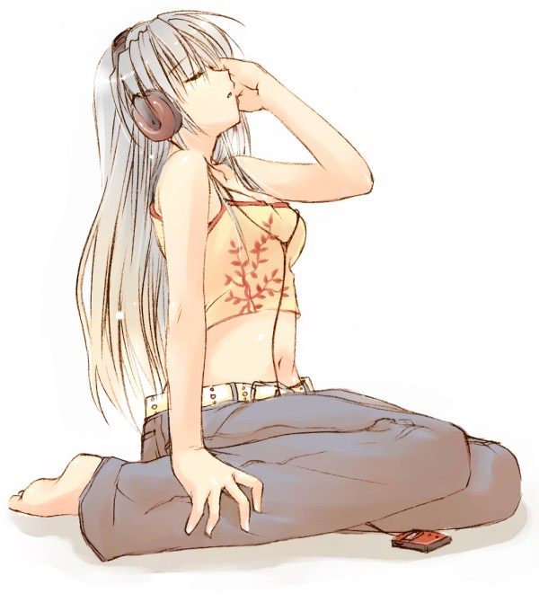 kanae funwa, sakagami tomoyo, clannad, silver hair, bad id, bad pixiv id, 00s, 1girl, bare shoulders, barefoot, belt, breasts, camisole, closed eyes, denim, digital media player, feet, female focus, full body, gradient hair, hand on own ear, headphones, long hair, midriff, multicolored hair, navel, simple background, sitting, solo