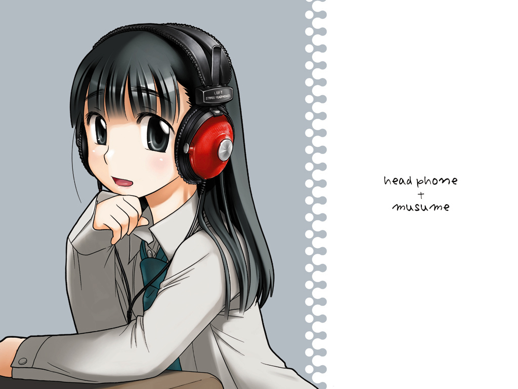 ootsuka mahiro, headphone + musume, 1girl, black eyes, black hair, blush, cable, collared shirt, copyright name, desk, female focus, grey eyes, head rest, headphones, long sleeves, looking at viewer, necktie, shirt, simple background, solo, table, upper body