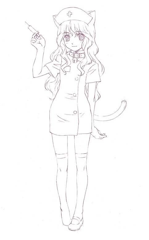 nyaou, 1girl, animal ears, bell, cat ears, cat tail, collar, female focus, greyscale, mary janes, monochrome, nurse, shoes, solo, syringe, tail, thighhighs