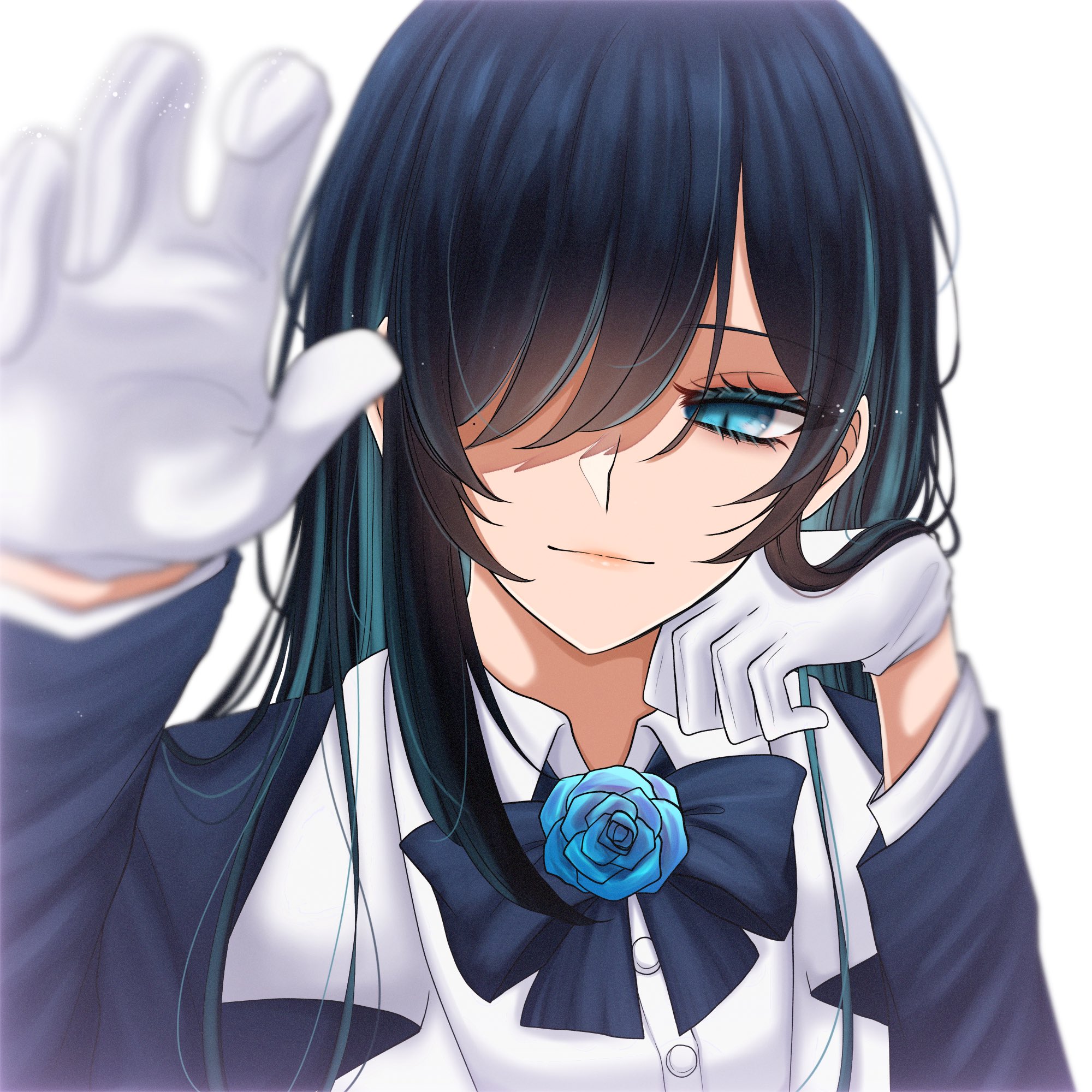 shoko (gs music11), chando (ado), ado (utaite), commentary, hashtag-only commentary, highres, 1girl, black bow, black bowtie, black hair, blue eyes, blue flower, blue hair, blue rose, bow, bowtie, closed mouth, flower, gloves, hair over one eye, long sleeves, rose, sidelocks, solo, utaite, white gloves