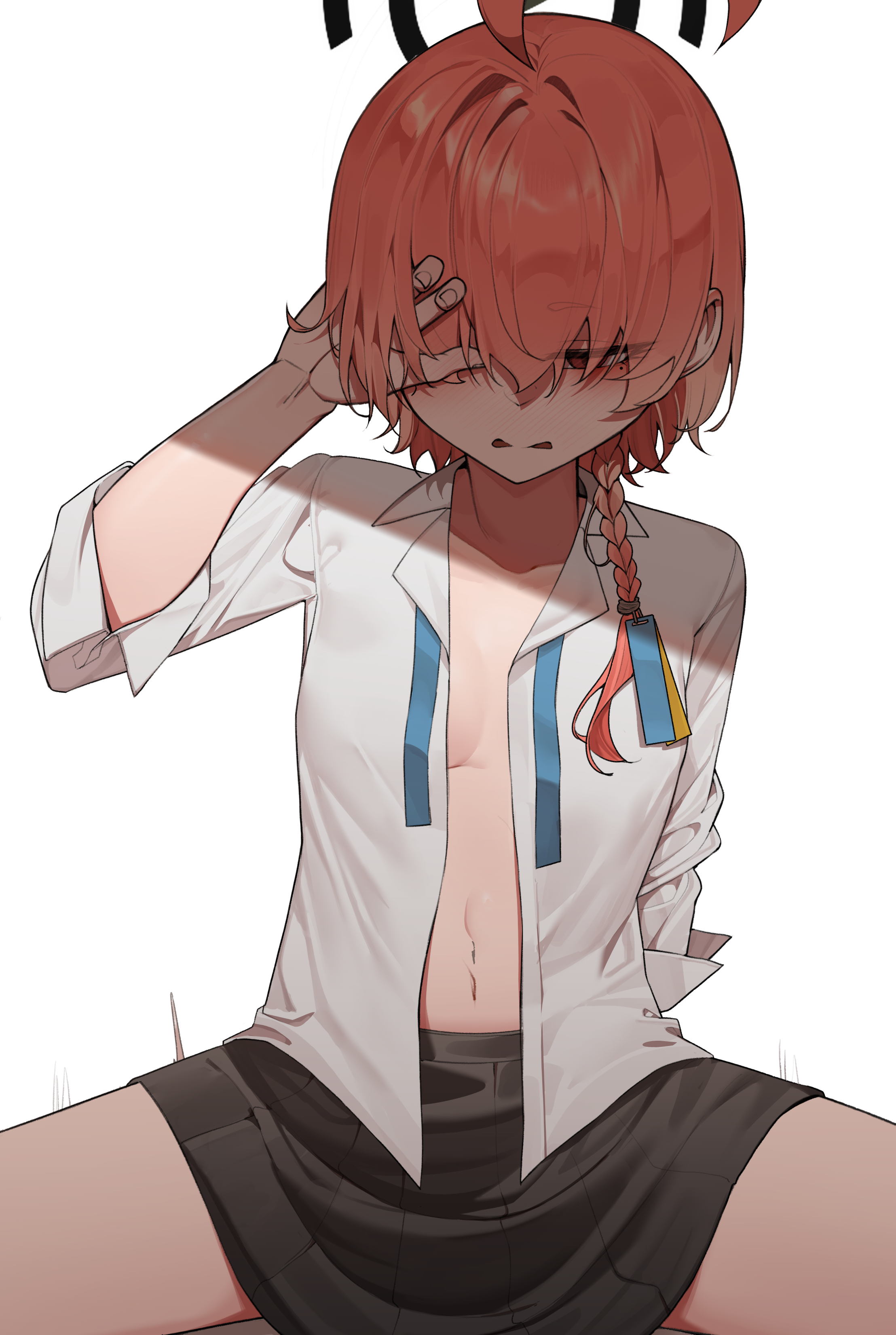 chirpy, neru (blue archive), blue archive, absurdres, commentary request, highres, 1boy, 1girl, black skirt, braid, breasts, collarbone, hair over one eye, hetero, implied sex, medium breasts, medium hair, mole, mole under eye, motion lines, open clothes, open shirt, red eyes, red hair, shirt, simple background, single braid, skirt, white background, white shirt