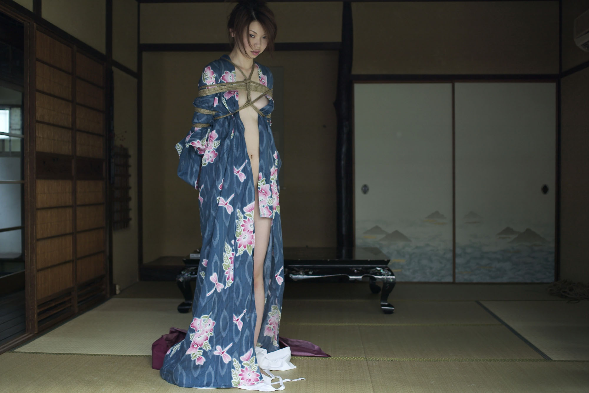 highres, photo (medium), 1girl, asian, bdsm, bondage, bound, female focus, japanese clothes, kimono, shibari, solo