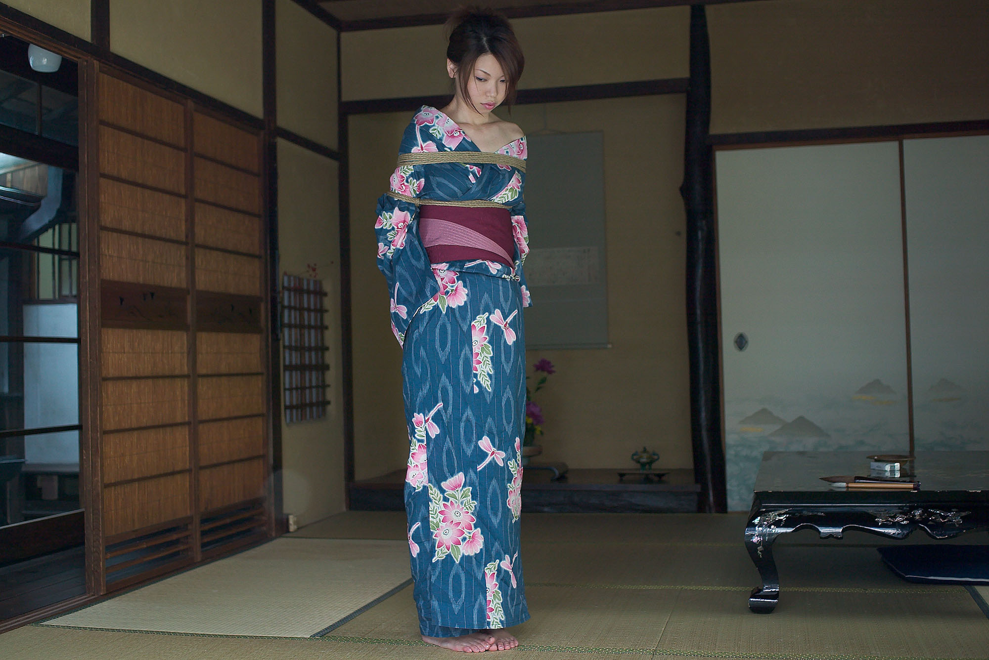 highres, photo (medium), 1girl, asian, bdsm, bondage, bound, female focus, japanese clothes, kimono, shibari, solo