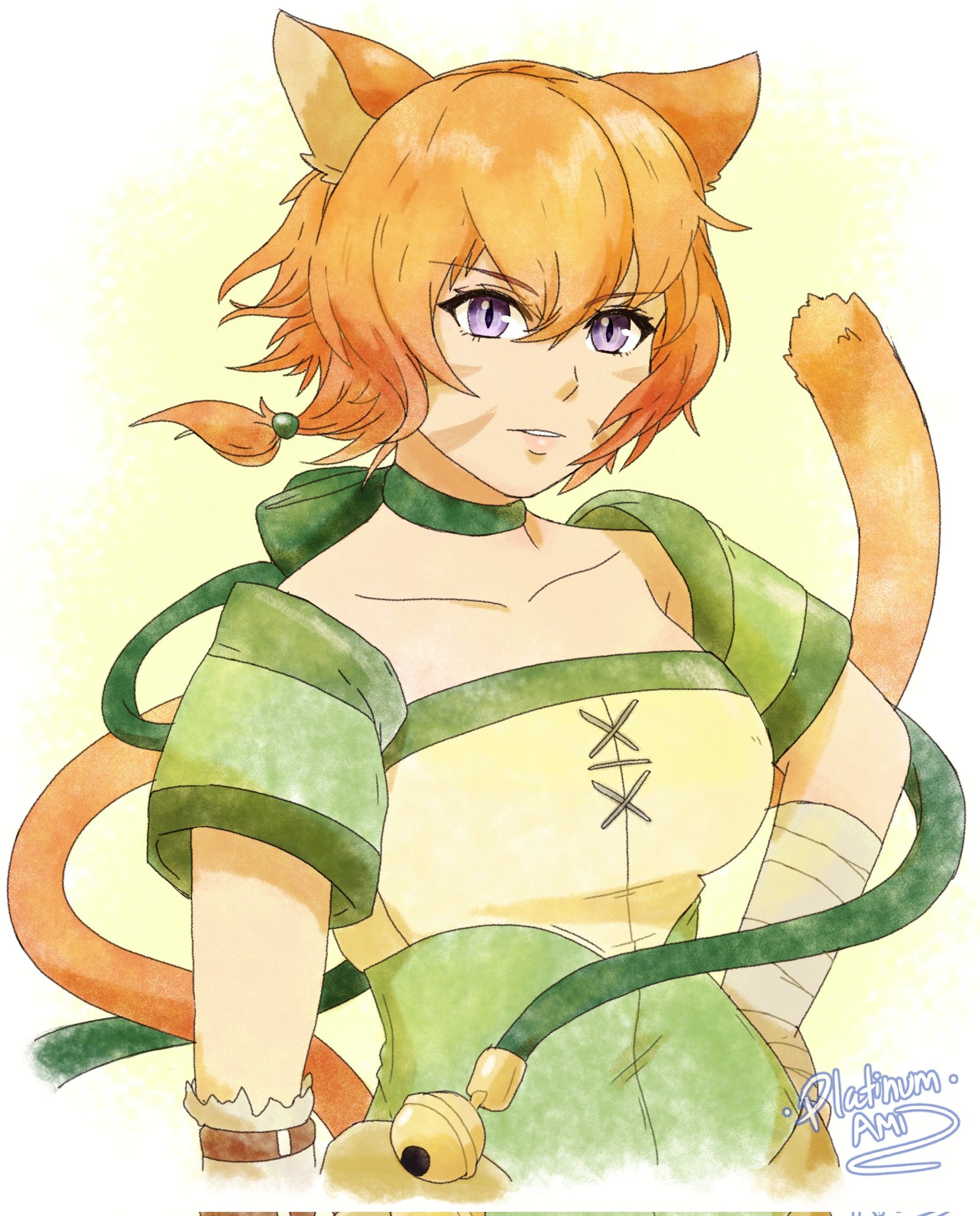 platinum ami, lethe (fire emblem), fire emblem, fire emblem: path of radiance, fire emblem: radiant dawn, nintendo, highres, 1girl, animal ears, bell, breasts, cat ears, cat girl, cat tail, choker, collar, collarbone, facial mark, green choker, green collar, looking at viewer, orange hair, orange tail, purple eyes, slit pupils, small breasts, solo, tail, whisker markings