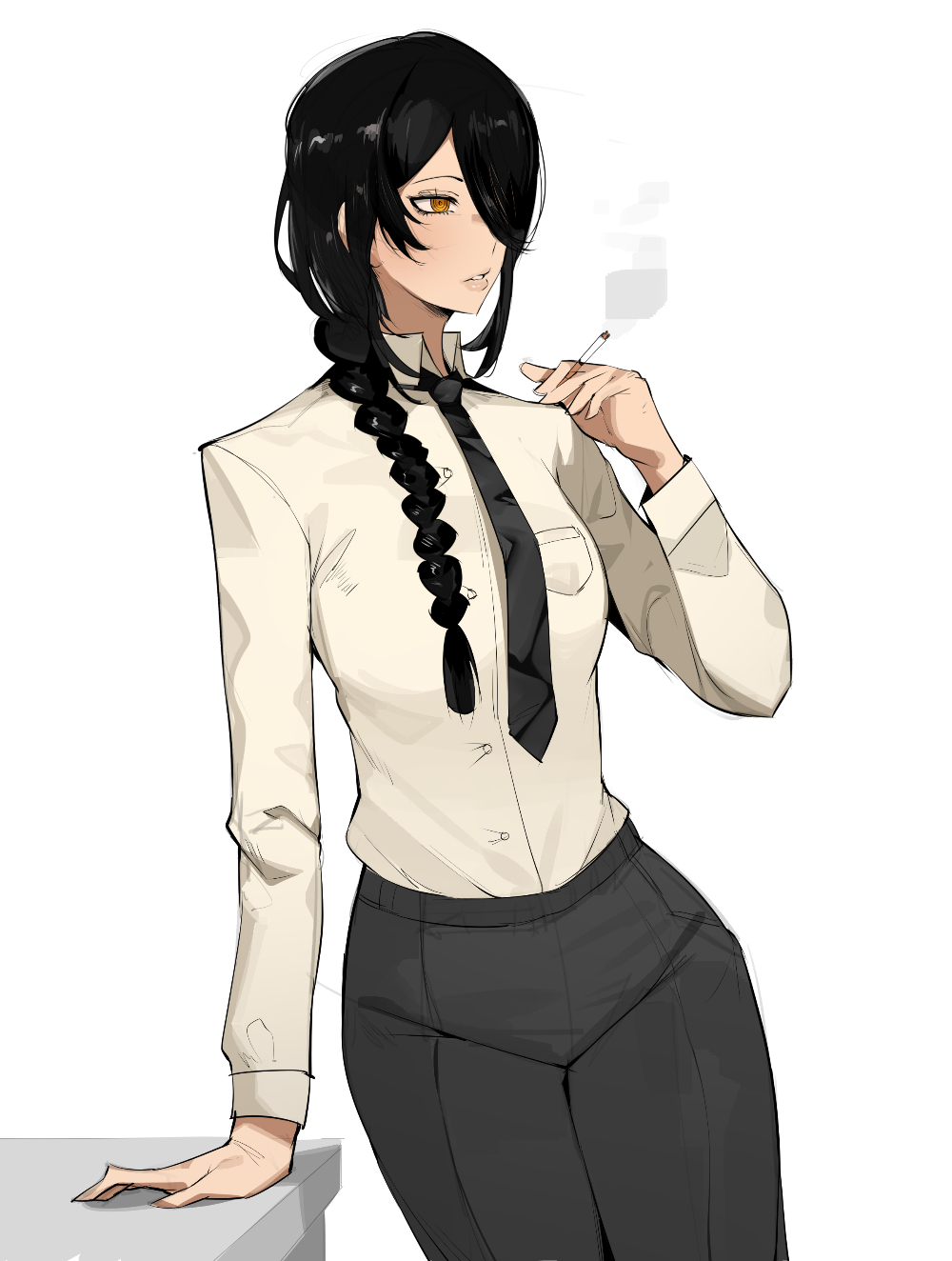 dr octojuice, nayuta (chainsaw man), chainsaw man, 1girl, aged up, black hair, blouse, braid, braided ponytail, breasts, cigarette, desk, female focus, long hair, necktie, pants, shirt, simple background, smoking, white background, yellow eyes