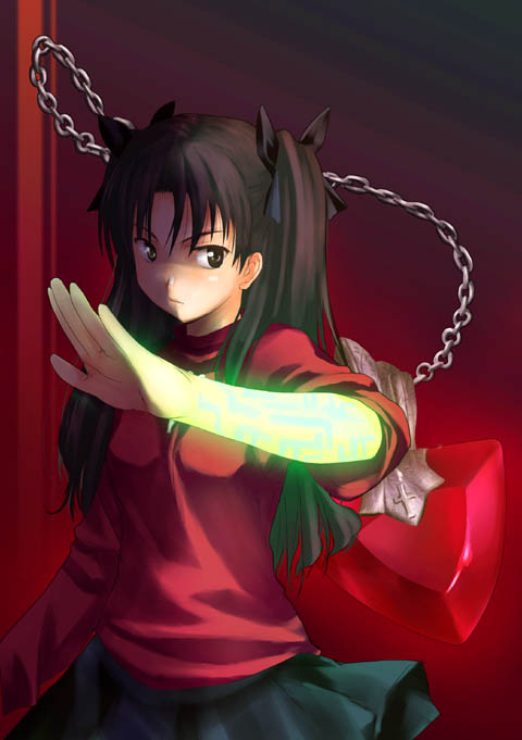 zono (rinkara-sou), tohsaka rin, fate/stay night, fate (series), 00s, 1girl, ball and chain (weapon), black background, brown eyes, brown hair, chain, female focus, glowing, long hair, red background, simple background, solo, turtleneck, twintails, weapon