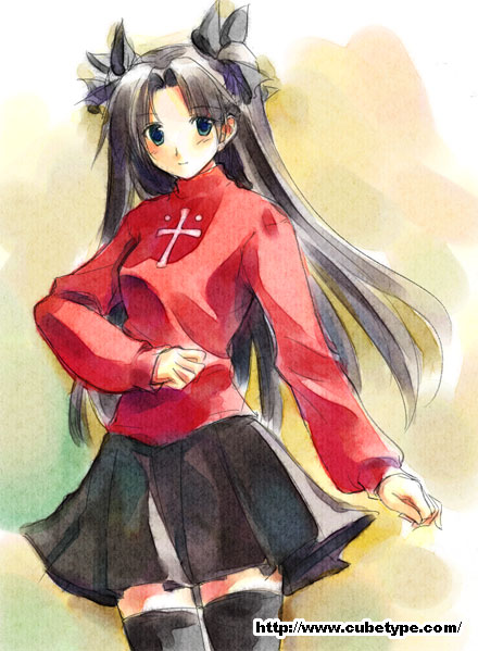 tohsaka rin, fate/stay night, fate (series), 00s, 1girl, black thighhighs, blue eyes, brown hair, cross, female focus, hair ribbon, ribbon, skirt, solo, sweater, thighhighs, turtleneck, two side up