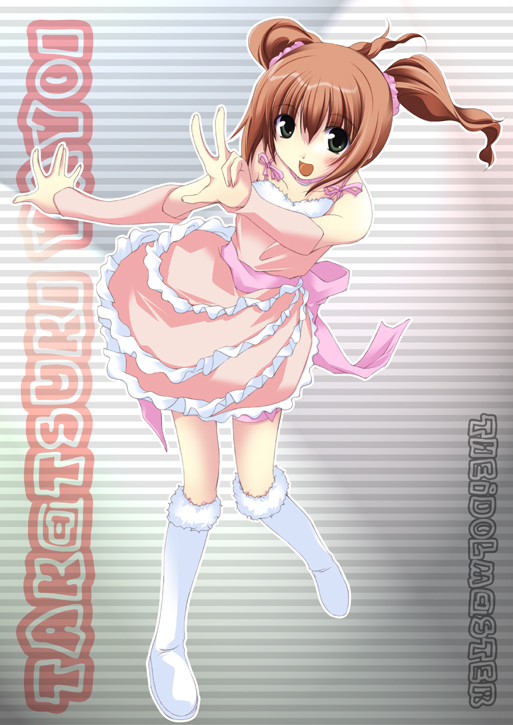 takatsuki yayoi, idolmaster, idolmaster (classic), idolmaster 1, 00s, 1girl, bow, brown hair, cute & girly (idolmaster), female focus, green eyes, open mouth, pink bow, snow strawberry, solo, twintails