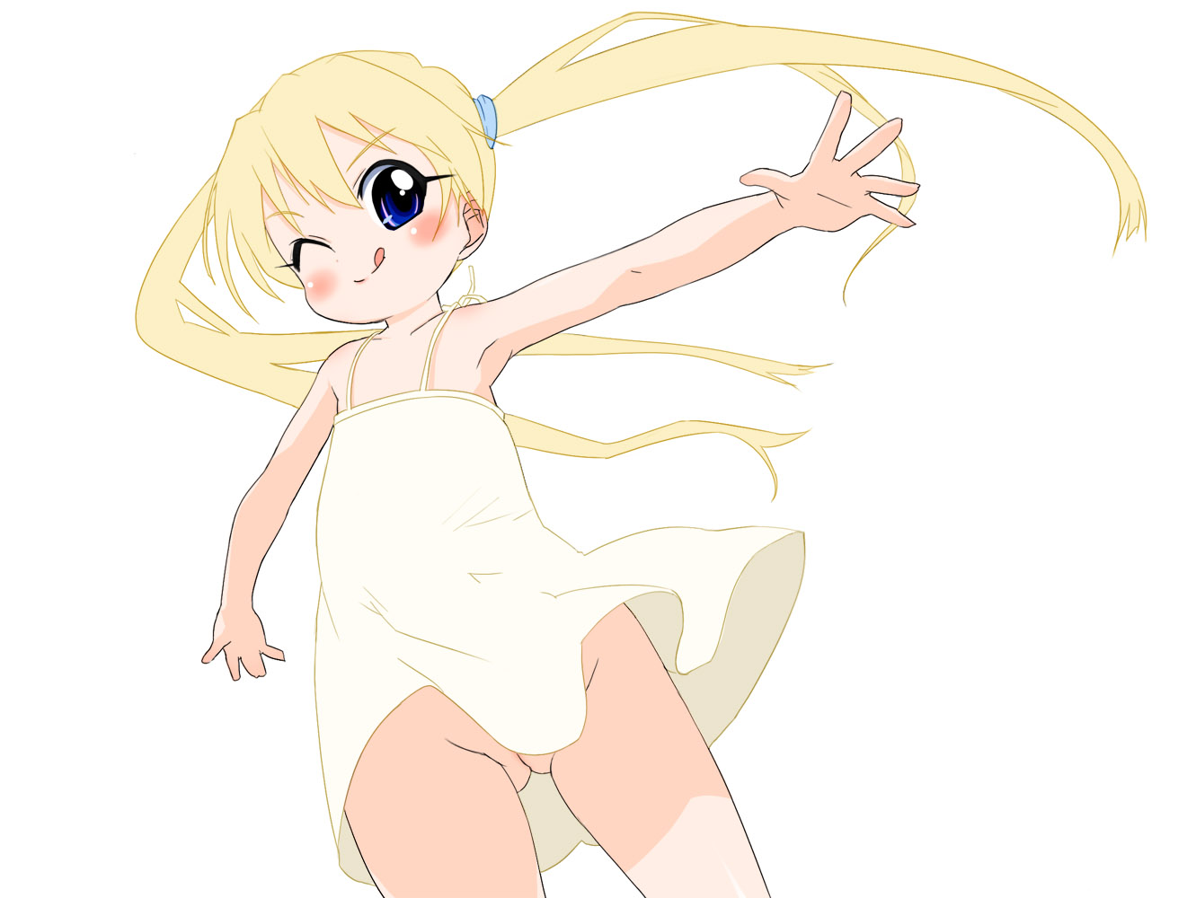 rebecca miyamoto, pani poni dash!, artist request, 00s, 1girl, armpits, blonde hair, blue eyes, blush, collarbone, dress, female focus, loli, long hair, no panties, one eye closed, pussy, solo, sundress, tongue, twintails, underwear, wink