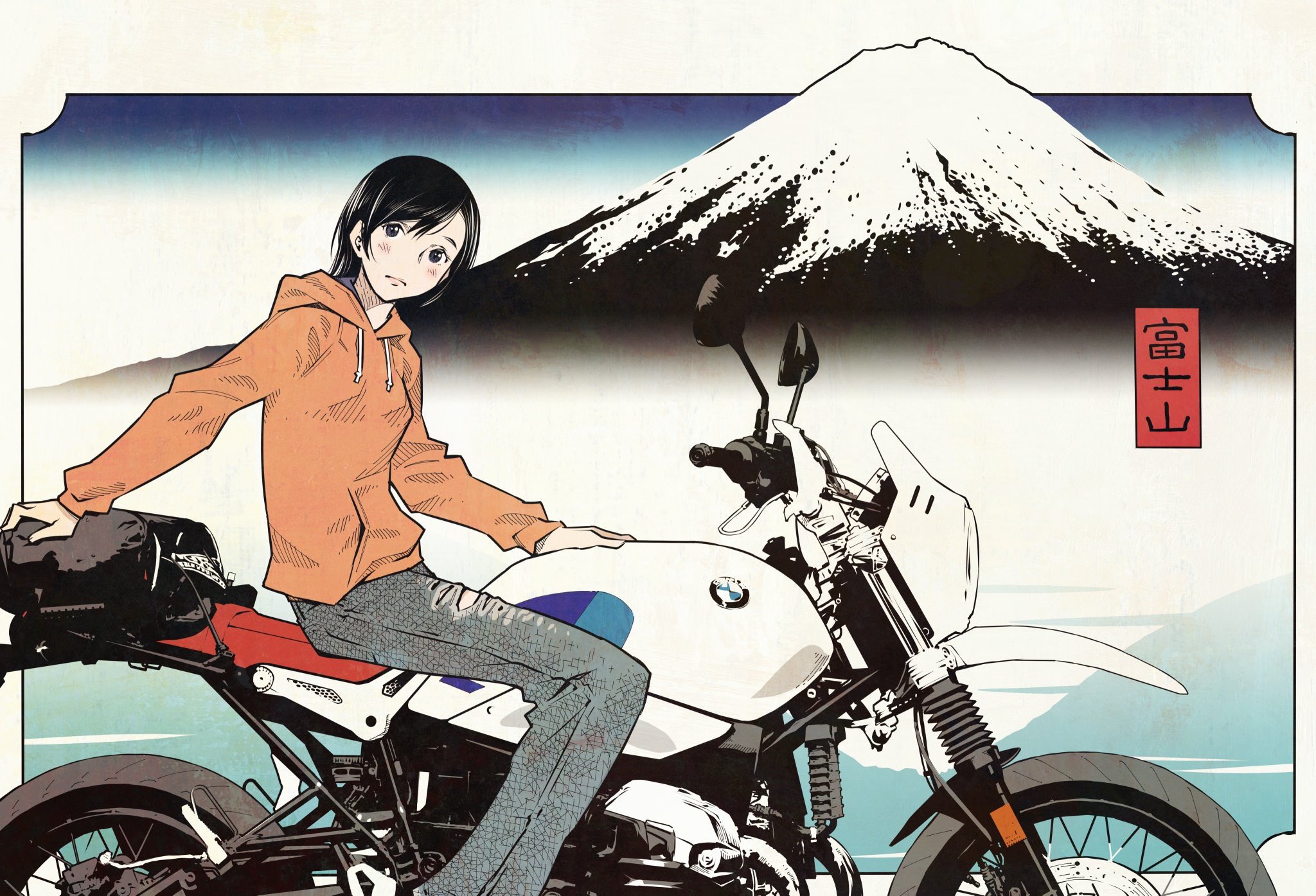 ogata kouji, original, highres, 1girl, black hair, border, brown hoodie, grey pants, hood, hood down, hoodie, looking at viewer, motor vehicle, motorcycle, mount fuji, on motorcycle, outside border, pants, short hair, sitting, solo, white border