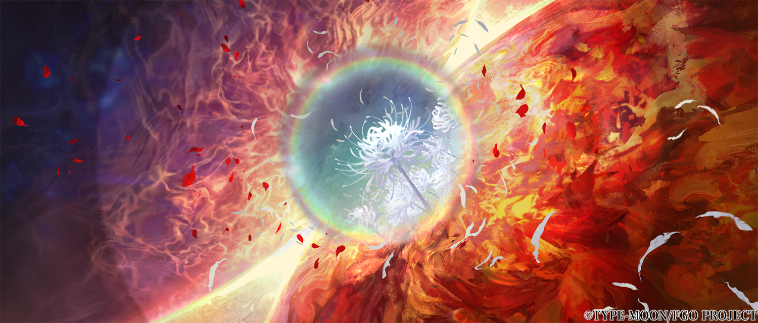 puccapucca02, fate/grand order, fate (series), official art, collision, company name, copyright name, copyright notice, cube, flower, no humans, planet, spider lily, white flower, white spider lily, yugakshetra (fate/grand order)
