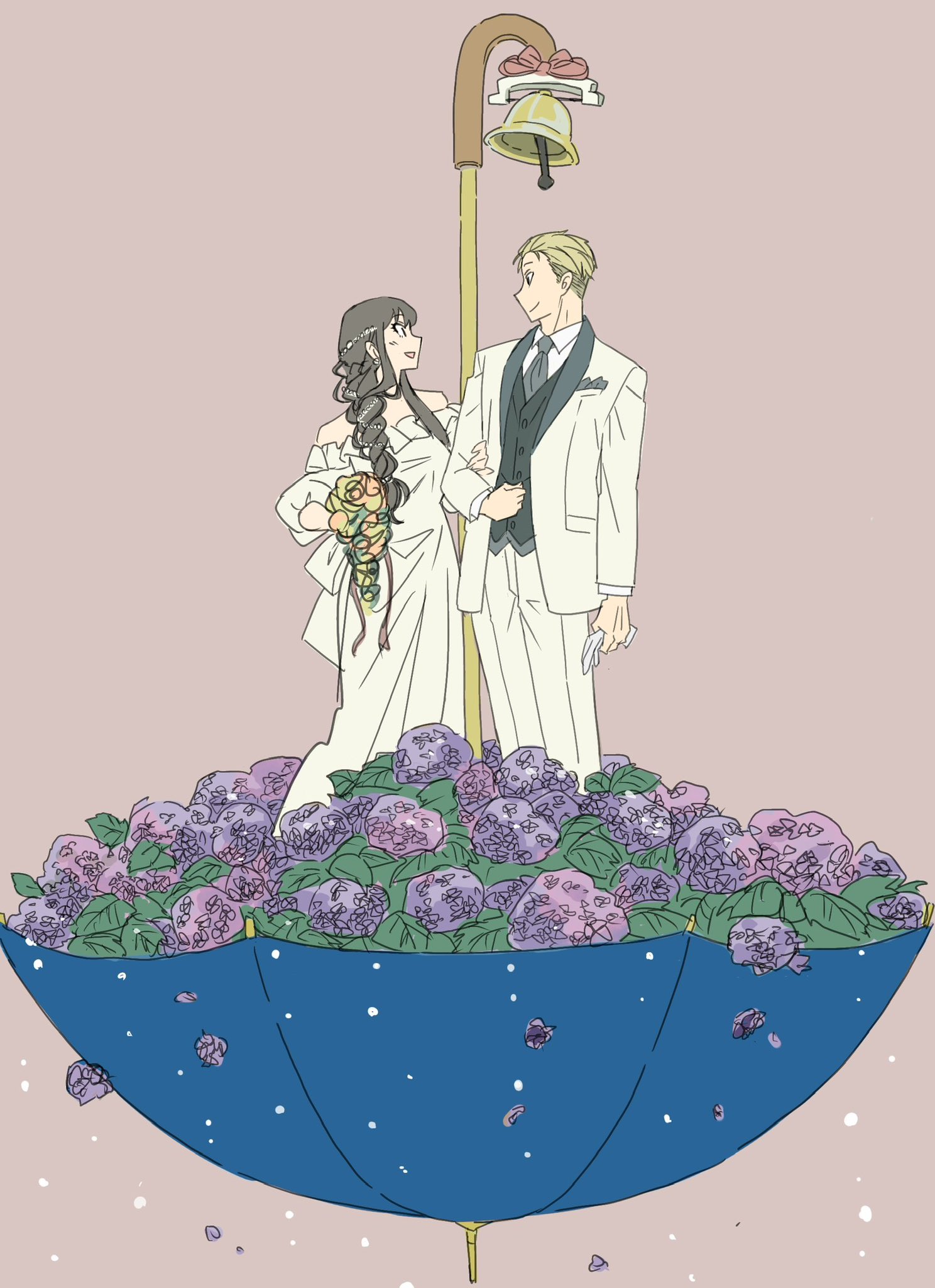 ayamame, twilight (spy x family), yor briar, spy x family, highres, 1boy, 1girl, black hair, blonde hair, bouquet, bow, bowtie, braid, breasts, bride, church bell, closed mouth, collared shirt, couple, dress, flower, formal clothes, grey background, grey bow, grey bowtie, groom, hetero, holding, holding another's arm, holding bouquet, husband and wife, jacket, light blush, long dress, long hair, medium breasts, off-shoulder dress, off shoulder, pants, parted lips, purple flower, shirt, short hair, sidelocks, single braid, smile, suit, suit jacket, tuxedo, umbrella, vest, waistcoat, wedding dress, white dress, white jacket, white pants, white shirt, white suit