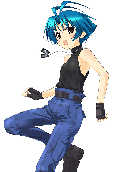 yoroi mikoto, muv-luv, 1girl, antenna hair, belt, blue hair, boots, denim, dog tags, female focus, fingerless gloves, flat chest, gloves, jeans, leg lift, pants, short hair, simple background, solo, white background