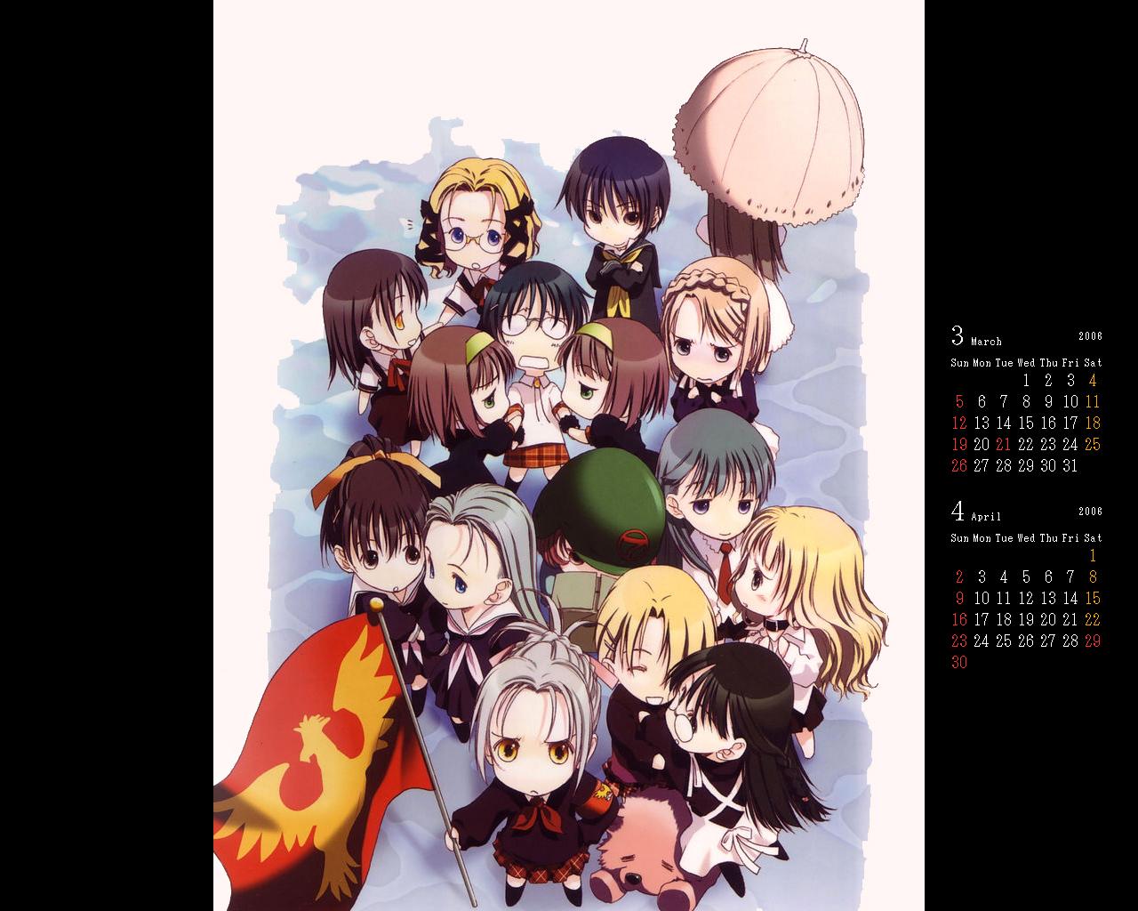 kurogane ken, inubousaki setsuka, isurugi ayame, kai chikae, kasagi aki, kasagi nori, komai chizuru, komai shigure, naitou momoko, ookami sayuri, sumi suu, takashiro benio, tsukudajima hatoko, yoshikiri utano, yuzuha tomoi, shoujo sect, arm grab, silver hair, character request, official art, official wallpaper, 00s, 2006, 6+girls, :<, :d, :o, ^ ^, androgynous, angry, april, armband, black hair, blonde hair, blue hair, blush, braid, brown hair, calendar, chibi, chibi only, closed eyes, collar, couple, dog, dress, everyone, eye contact, flag, frown, glasses, gloves, hair ribbon, hairband, helmet, kneehighs, long hair, looking at another, march, multiple girls, necktie, open mouth, pantyhose, parasol, parted bangs, plaid clothes, plaid skirt, ponytail, ribbon, school uniform, serafuku, short hair, siblings, sisters, skirt, smile, socks, standing, twins, umbrella, water, wavy hair, yuri