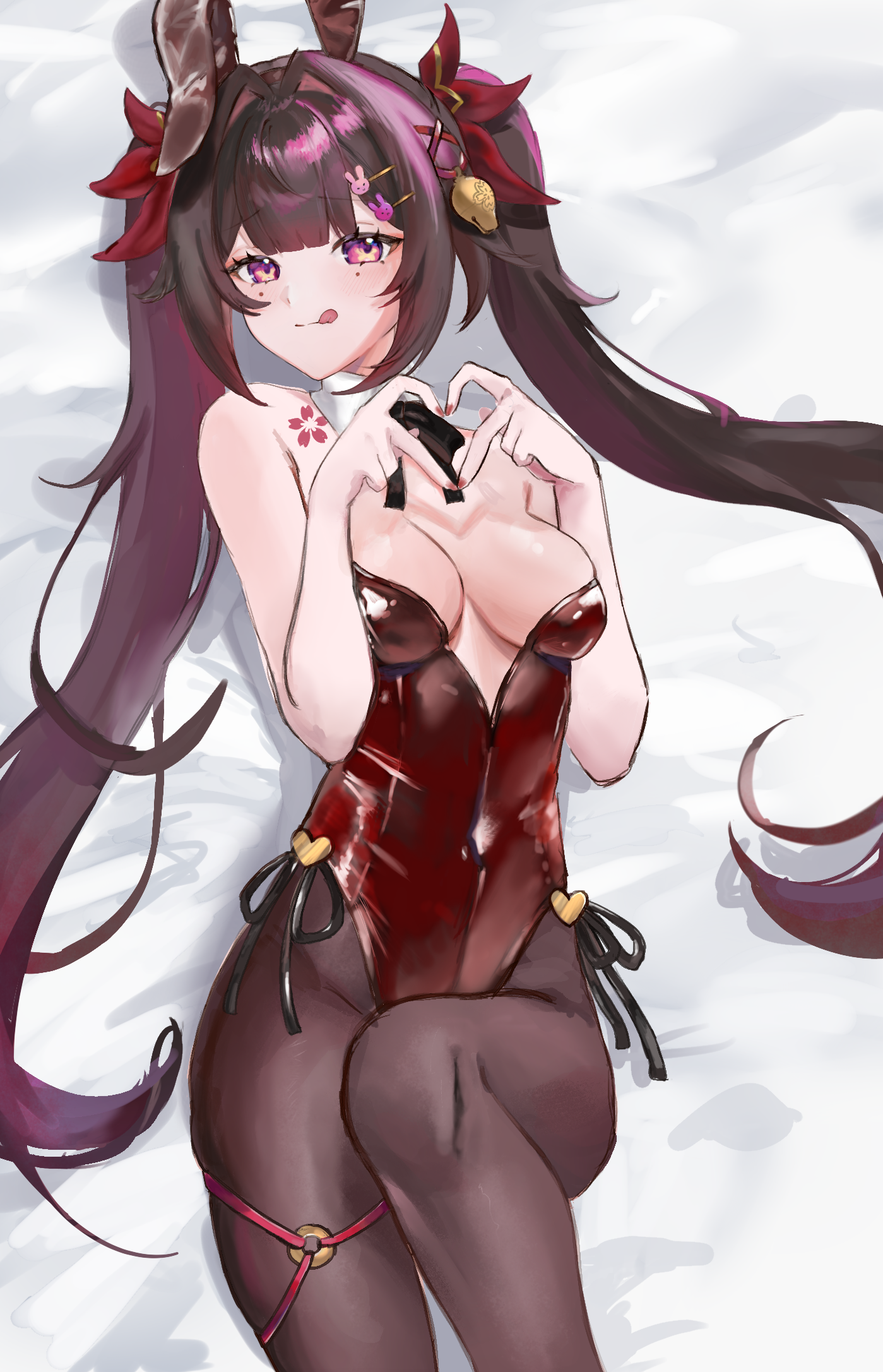 reruyu, sparkle (honkai: star rail), honkai: star rail, honkai (series), commentary request, highres, 1girl, alternate costume, black pantyhose, breasts, brown hair, flower tattoo, four-finger heart hands, heart, heart hands, leotard, licking lips, long hair, looking at viewer, lying, medium breasts, on back, on bed, pantyhose, playboy bunny, purple eyes, red leotard, solo, tattoo, tongue, tongue out, twintails, very long hair