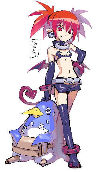 etna (disgaea), prinny, disgaea, makai senki disgaea, 00s, 1girl, bat wings, collar, demon girl, elbow gloves, female focus, gloves, red eyes, red hair, solo, tail, thighhighs, twintails, wings