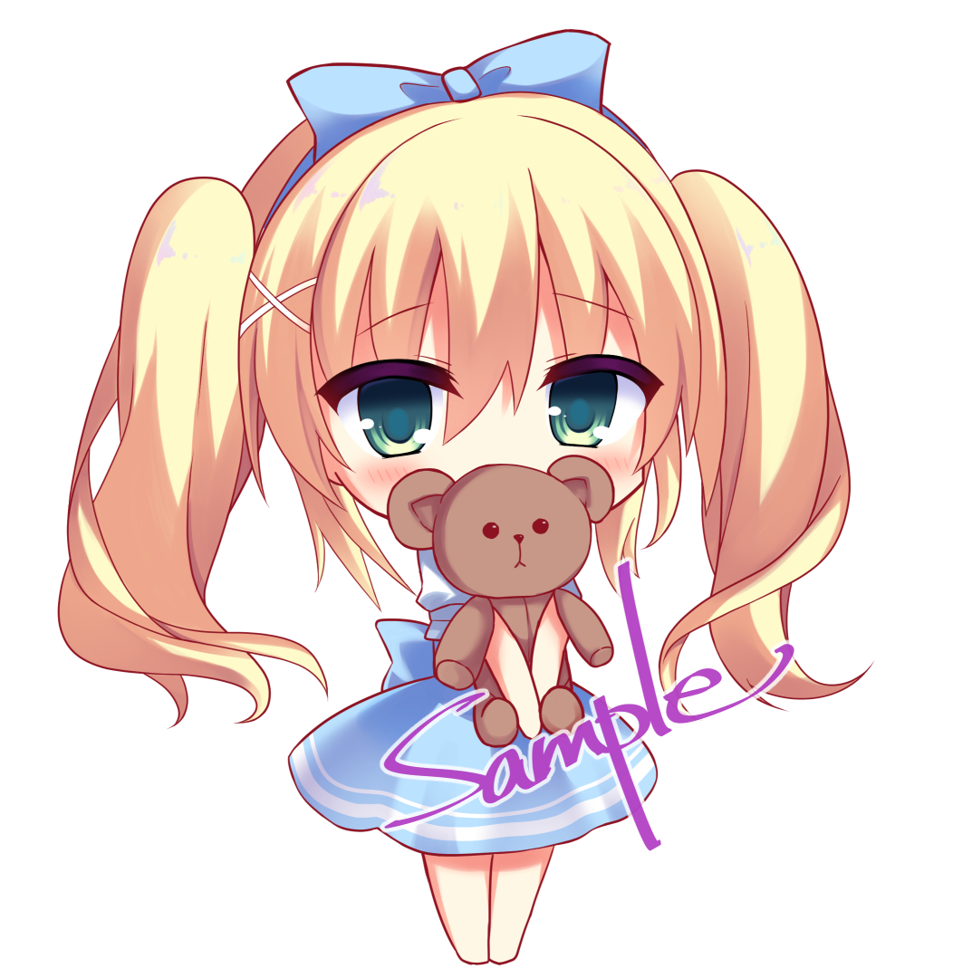 korokoro cat, tsumugi wenders, summer pockets, commentary request, 1girl, back bow, barefoot, blonde hair, blue bow, blue hairband, blush, bow, chibi, chibi only, covered mouth, eyes visible through hair, full body, green eyes, hair between eyes, hair bow, hair ornament, hairband, high-waist skirt, holding, holding stuffed toy, long hair, looking at viewer, official alternate costume, sample watermark, shirt, sidelocks, skirt, solo, standing, stuffed animal, stuffed toy, teddy bear, twintails, v arms, watermark, white shirt, x hair ornament