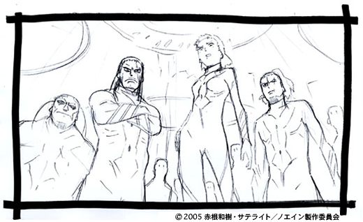 noein, 00s, 4boys, bodysuit, copyright notice, long hair, male focus, monochrome, multiple boys, production art