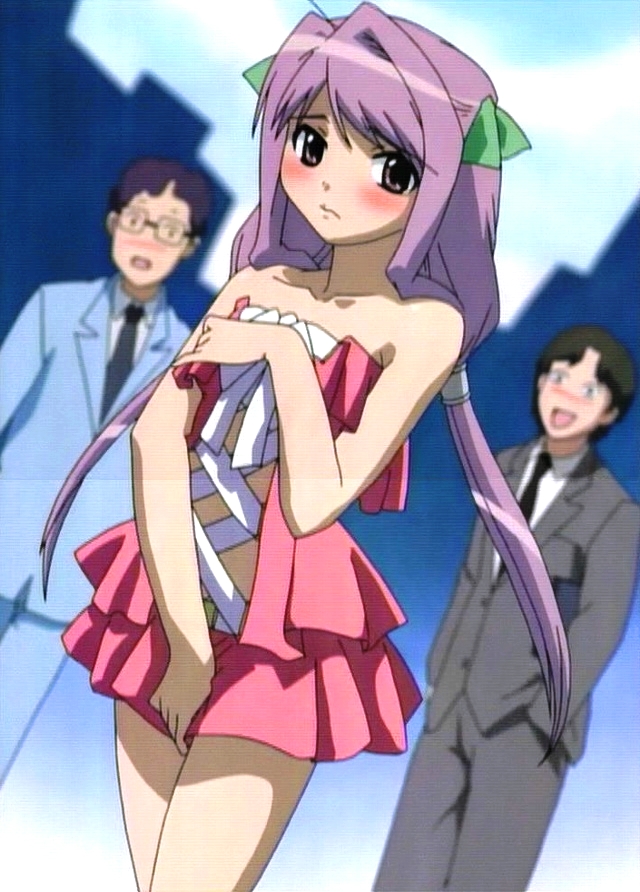 yoshikawa maika, magikano, anime screenshot, 00s, 1girl, 2boys, bare shoulders, blush, business suit, closed mouth, collarbone, dress, embarrassed, formal clothes, glasses, hands in pockets, long hair, medium hair, multiple boys, necktie, open mouth, purple hair, standing, suit