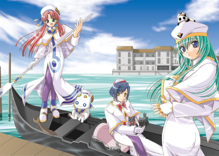 aika granzchesta, alice carroll, aria pokoteng, hime granzchesta, mizunashi akari, president maa, aria (manga), black legwear, 00s, 3girls, black cat, blue hair, cat, fingerless gloves, gloves, gondola, green hair, hat, high collar, long hair, multiple girls, oar, pantyhose, pink hair, purple pantyhose, short hair, sitting, smile, standing, water