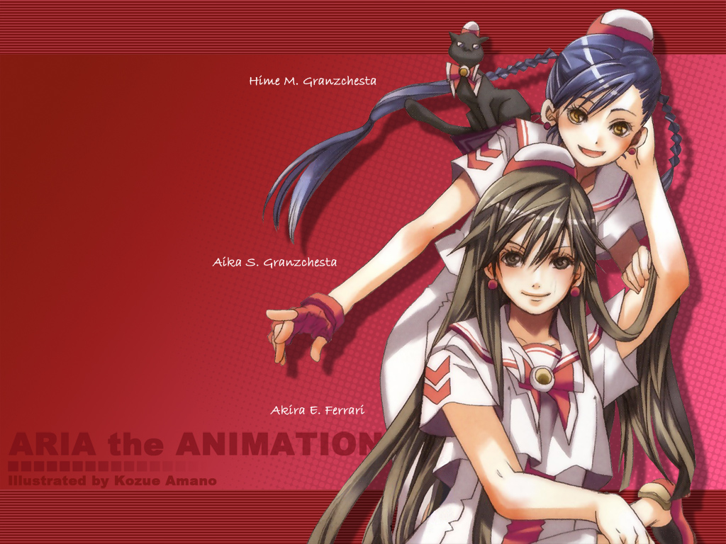 amano kozue, aika granzchesta, akira ferrari, aria (manga), 00s, 2girls, :d, animal, black hair, blouse, bow, bowtie, braid, brown eyes, brown hair, cat, character name, earrings, fingerless gloves, gloves, hair between eyes, hat, jewelry, long hair, looking at viewer, mini hat, multiple girls, open mouth, red background, shirt, short sleeves, simple background, smile, twin braids, very long hair, white shirt, yellow eyes