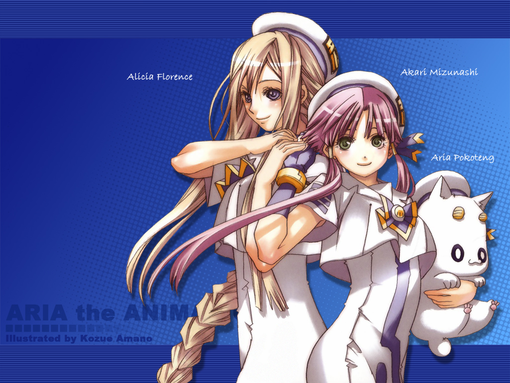 amano kozue, alicia florence, aria pokoteng, mizunashi akari, aria (manga), 00s, 2girls, :3, animal, armpit peek, beret, blouse, blue background, bow, bowtie, brown hair, capelet, cat, character name, fingerless gloves, gloves, green eyes, hair tubes, hat, holding, holding animal, holding hands, looking at viewer, multiple girls, pink hair, purple eyes, shirt, short hair with long locks, sidelocks, simple background, upper body, white shirt