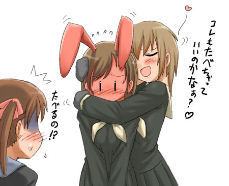 fukuzawa yumi, satou sei, toudou shimako, maria-sama ga miteru, lowres, 00s, animal ears, hug, rabbit ears