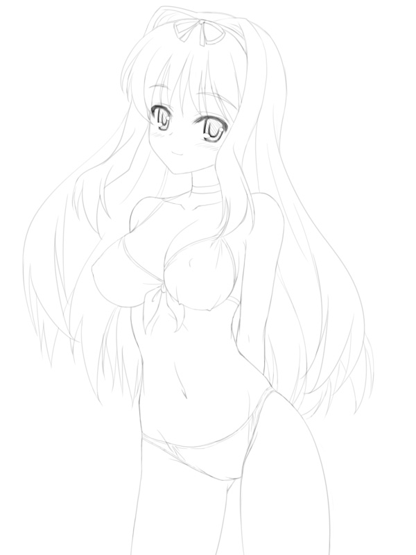 kusugawa sasara, to heart (series), to heart 2, 00s, 1girl, bikini, breasts, covered erect nipples, female focus, greyscale, long hair, medium breasts, monochrome, solo, swimsuit
