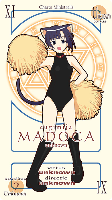 mizuki makoto, kugimiya madoka, mahou sensei negima!, platform footwear, 00s, 1girl, :d, alternate costume, animal ears, bare shoulders, bell, blue eyes, blue hair, blunt bangs, boots, breasts, card, card (medium), cat ears, cat tail, character name, cheerleader, collar, female focus, full body, hair ribbon, halterneck, hand on own hip, holding, jingle bell, kemonomimi mode, knee boots, latin text, leotard, looking at viewer, magic circle, matching hair/eyes, neck bell, nekosume, open mouth, pactio, parted bangs, platform boots, pom pom (cheerleading), ribbon, roman numeral, short hair, side ponytail, small breasts, smile, solo, standing, tail, turtleneck