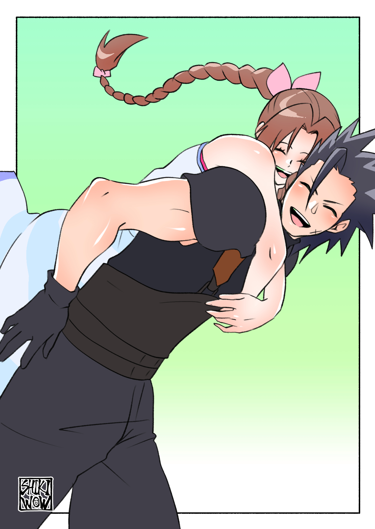 shikiwo, aerith gainsborough, zack fair, crisis core final fantasy vii, final fantasy, final fantasy vii, commentary request, highres, 1boy, 1girl, armor, arms around neck, baggy pants, bare shoulders, black hair, border, braid, braided ponytail, brown hair, closed eyes, couple, cowboy shot, cross scar, dress, facial scar, gradient background, hair ribbon, happy, hug, hug from behind, open mouth, outside border, pants, parted bangs, pink ribbon, ponytail, ribbon, scar, scar on cheek, scar on face, shoulder armor, signature, sleeveless, sleeveless dress, smile, spiked hair, sweater, turtleneck, turtleneck sweater, white border