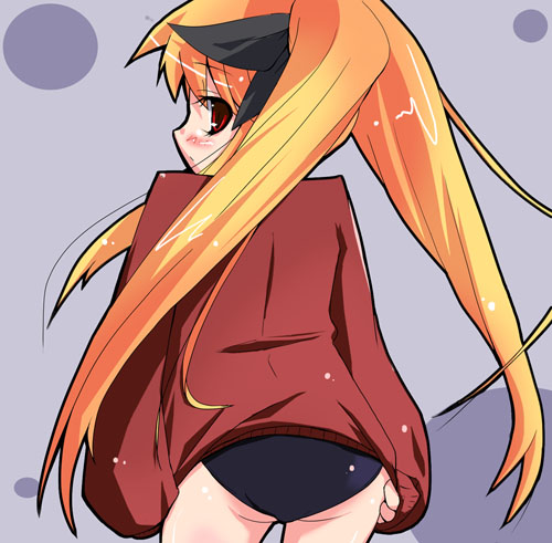 fate testarossa, lyrical nanoha, mahou shoujo lyrical nanoha, lowres, 00s, 1girl, ass, blonde hair, blush, buruma, female focus, from behind, hair ribbon, jacket, long sleeves, looking at viewer, looking back, red eyes, ribbon, solo, sportswear, standing, track jacket, twintails