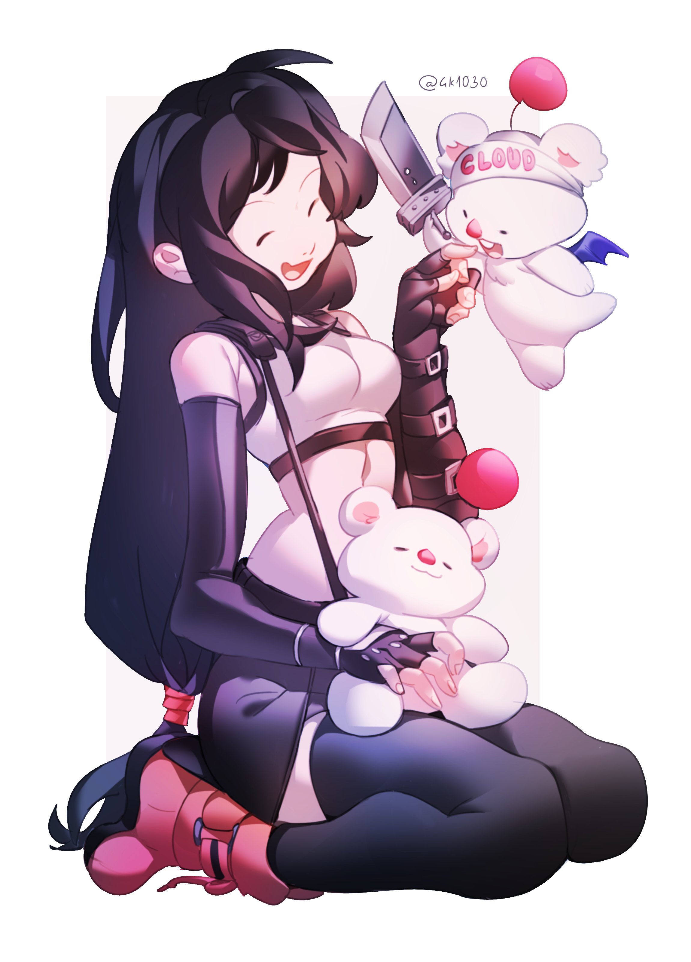 4k1030, cloud strife, moogle, tifa lockhart, final fantasy, final fantasy vii, final fantasy vii rebirth, final fantasy vii remake, absurdres, highres, 1girl, bare shoulders, black gloves, black hair, black skirt, black thighhighs, boots, buster sword, closed eyes, crop top, elbow gloves, facing another, fingerless gloves, full body, gloves, holding, holding sword, holding weapon, long hair, low-tied long hair, midriff, on lap, open mouth, red boots, seiza, sitting, skirt, suspender skirt, suspenders, sword, tank top, thighhighs, twitter username, weapon, white tank top