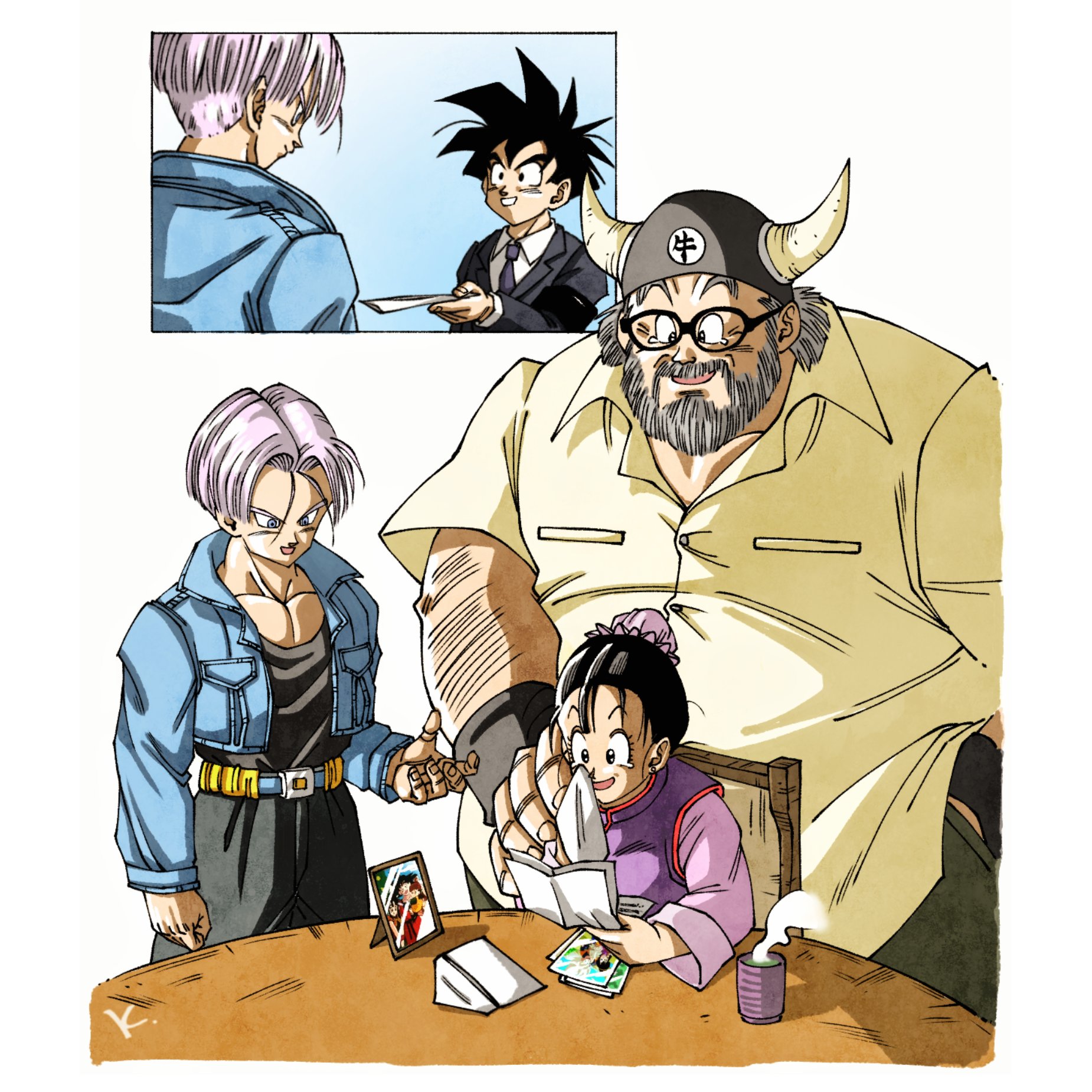 kakeru (dbskakeru), chi-chi (dragon ball), gyuu maou, son gohan, trunks (dragon ball), trunks (future) (dragon ball), dragon ball, dragonball z, highres, 1girl, 3boys, beard, black dougi, black hair, black necktie, black suit, blue jacket, bun cover, china dress, chinese clothes, collared shirt, cropped jacket, cup, dress, facial hair, fake horns, formal clothes, glasses, grey hair, hair between eyes, hair bun, hand in pocket, hand on another's shoulder, happy tears, helmet, holding, holding paper, horned helmet, horns, jacket, multiple boys, necktie, open mouth, paper, parted bangs, parted lips, pectorals, photo (object), picture frame, pink shirt, purple dress, reading, shirt, short hair, smile, spiked hair, steam, suit, suit jacket, tears, teeth, toriyama akira (style), updo, white background, white shirt, wiping tears, wristband, yellow shirt