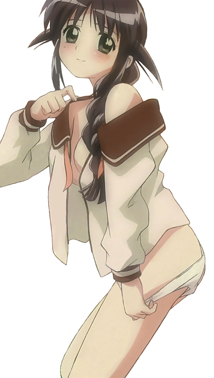 andou mahoro, mahoromatic, highres, black hair, blush, bottomless, braid, green eyes, long hair, no pants, open clothes, open shirt, panties, panty pull, school uniform, serafuku, shirt, solo, standing, underwear, undressing, white panties