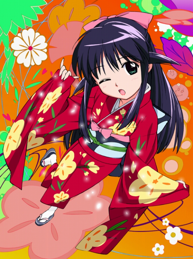 kubota chikashi, andou mahoro, mahoromatic, 1girl, female focus, floral print, floral print kimono, japanese clothes, kimono, print kimono, sandals, solo, zouri