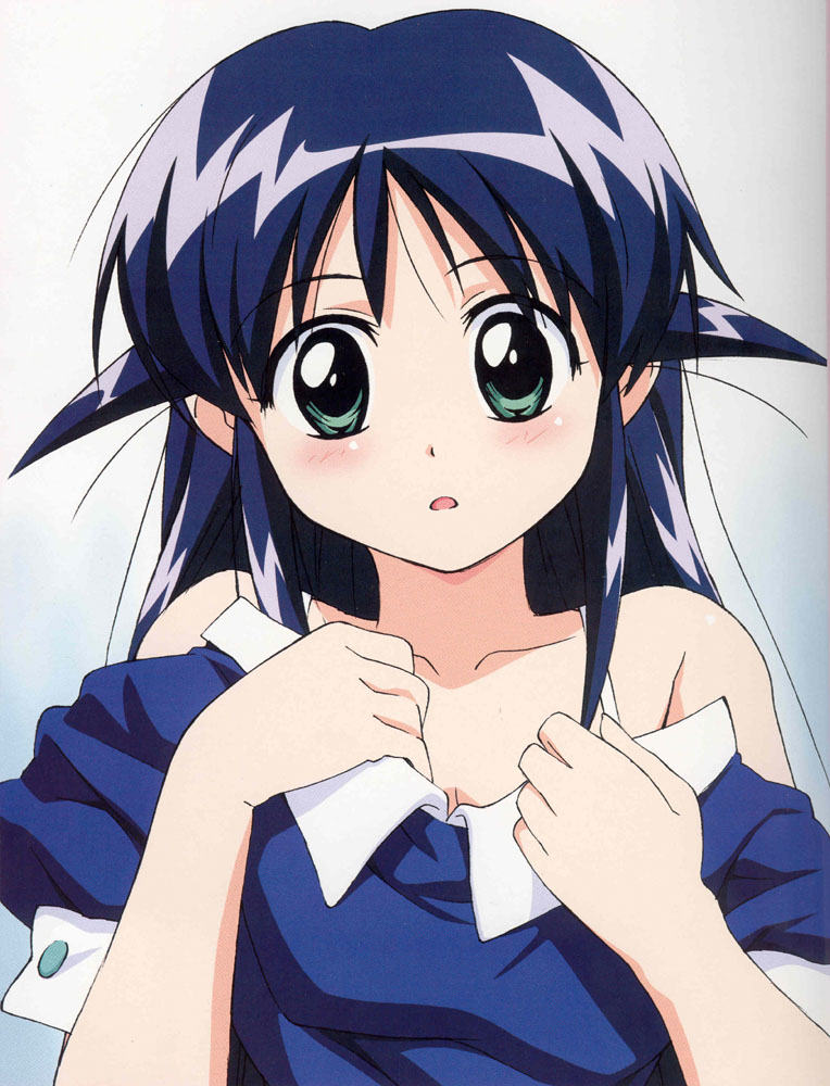 nishigori atsushi, andou mahoro, mahoromatic, 1girl, :o, bare shoulders, black hair, blush, close-up, collar, collarbone, female focus, green eyes, grey background, hair down, head tilt, long hair, looking at viewer, off shoulder, parted lips, simple background, solo, undressing, upper body