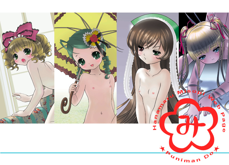 hanamaru misopi, mame ichigo, hinaichigo, kanaria, shinku, suiseiseki, rozen maiden, 00s, 4girls, blonde hair, bow, flat chest, heterochromia, loli, multiple girls, nipples, nude, pink bow