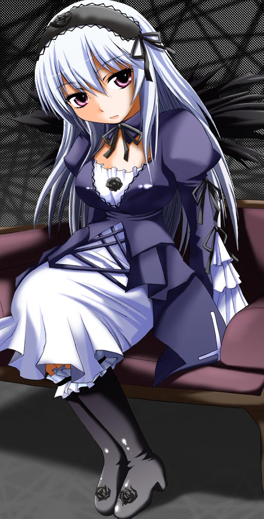 suigintou, rozen maiden, silver hair, 00s, 1girl, black ribbon, boots, detached collar, dress, female focus, flower, frilled sleeves, frills, gothic lolita, hairband, head tilt, lolita fashion, long hair, long sleeves, looking at viewer, red eyes, ribbon, rose, sitting, solo, wings