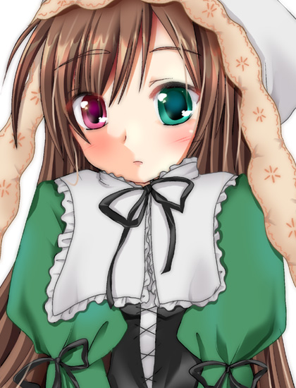 suiseiseki, rozen maiden, 00s, 1girl, black ribbon, blush, brown hair, close-up, cross-laced clothes, female focus, frills, green eyes, headscarf, heterochromia, long hair, puffy sleeves, red eyes, ribbon, simple background, solo, upper body, very long hair, wavy mouth, white headscarf