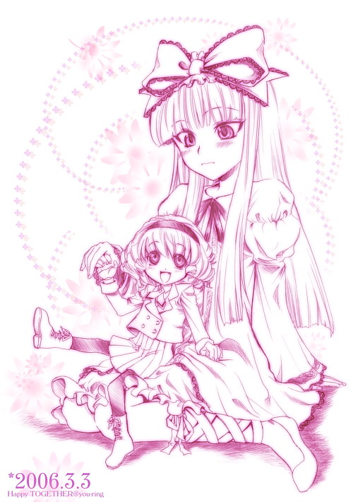 hinaichigo, rozen maiden, 00s, 2006, 2girls, blunt bangs, blush, dress, hairband, hime cut, looking down, looking up, monochrome, multiple girls, pantyhose, pink theme, ribbon, sitting, sitting on lap, sitting on person, size difference, smile