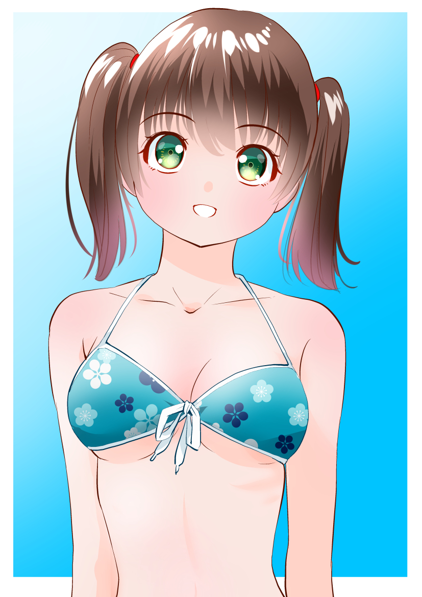 yamanaka kouji (yanchiki2001), original, 1girl, bikini, blue background, blue bikini, border, breasts, brown hair, cleavage, collarbone, floral print, front-tie bikini top, front-tie top, green eyes, looking at viewer, outside border, solo, swimsuit, twintails, white border