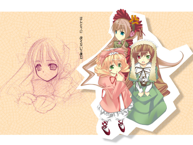 hinaichigo, shinku, suiseiseki, rozen maiden, cross-laced footwear, red footwear, white legwear, >:d, 00s, 3girls, :d, anger vein, angry, blonde hair, blush, blush stickers, bonnet, bow, brown hair, dress, finger to mouth, full body, green dress, green eyes, hair bow, headscarf, heterochromia, long sleeves, looking at viewer, multiple girls, open mouth, pink bow, red dress, red eyes, ribbon, serious, shoes, short hair, simple background, sketch, smile, standing, v-shaped eyebrows, white headscarf