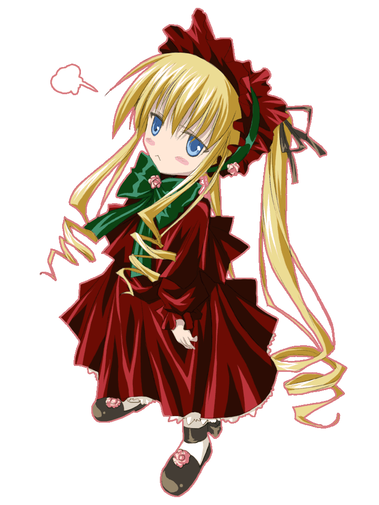 pin.x, shinku, rozen maiden, 00s, 1girl, :<, blonde hair, blue eyes, blush, bonnet, bow, capelet, dress, drill hair, female focus, flower, full body, long hair, ribbon, rose, socks, solo, transparent background, twintails