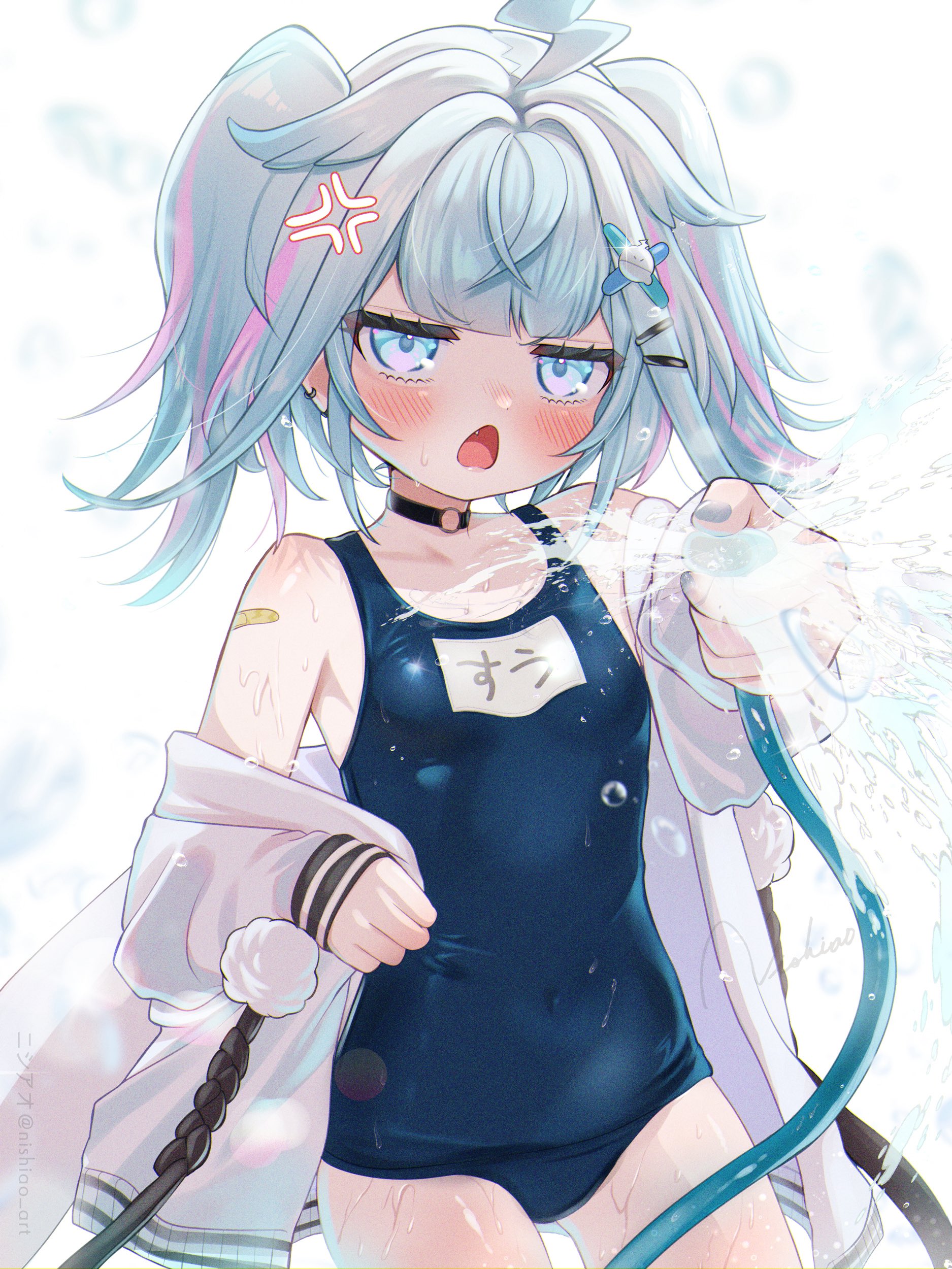nishi ao, mizumiya su, hololive, hololive dev is, absurdres, highres, 1girl, alternate costume, alternate hairstyle, anger vein, angry, bandaid, blue eyes, blue hair, blue nails, blue one-piece swimsuit, blunt bangs, blush, breasts, bubble, choker, cowboy shot, fang, hair flaps, hair ornament, holding, holding hose, hose, jacket, lightning ahoge, looking at viewer, multicolored hair, nail polish, name tag, o-ring, o-ring choker, one-piece swimsuit, open mouth, piercing, pink hair, school swimsuit, simple background, small breasts, solo, spraying, streaked hair, swimsuit, twintails, virtual youtuber, water drop, wet, wet clothes, white jacket