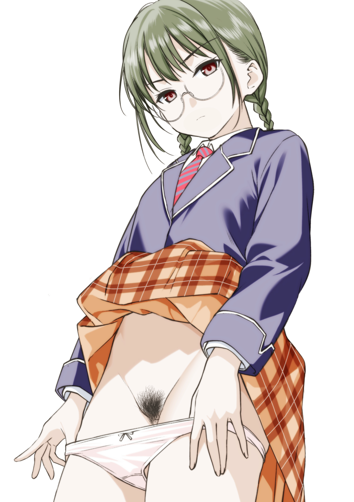 moonsorrow, kinokuni nene, shokugeki no souma, braided twintails, commentary request, highres, 1girl, blazer, blue jacket, bow, bow panties, braid, brown eyes, brown hair, choppy bangs, closed mouth, clothes lift, cowboy shot, crotch seam, diagonal-striped clothes, diagonal-striped necktie, female pubic hair, jacket, long hair, long sleeves, looking at viewer, looking down, necktie, orange skirt, panties, panty pull, plaid clothes, plaid skirt, pubic hair, pulling own clothes, round eyewear, school uniform, semi-rimless eyewear, simple background, skirt, skirt lift, solo, standing, striped clothes, twintails, underwear, white background, white panties, wing collar