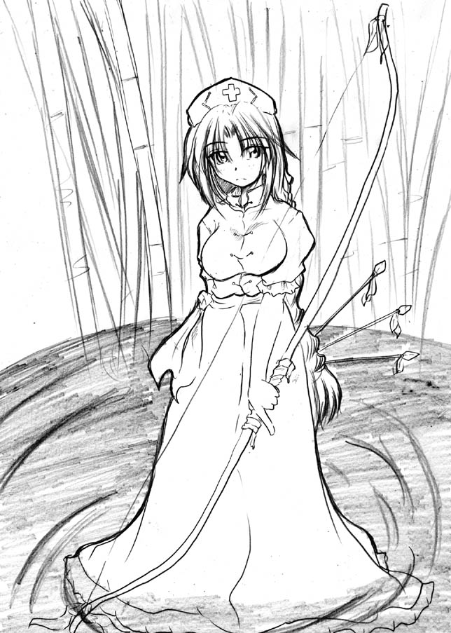 yagokoro eirin, touhou, graphite (medium), traditional media, 1girl, arrow (projectile), bamboo, bamboo forest, bow (weapon), braid, breasts, female focus, forest, frown, greyscale, hat, head tilt, long hair, looking at viewer, monochrome, nature, nurse cap, outdoors, parted bangs, partially submerged, ripples, sash, skirt, skirt set, solo, standing, very long hair, wading, water, weapon