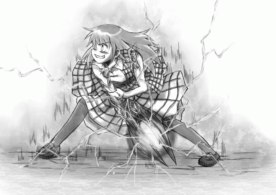 kazami yuuka, kazami yuuka (pc-98), touhou, touhou (pc-98), 1girl, ascot, female focus, greyscale, grin, loafers, long hair, master spark, monochrome, pantyhose, plaid clothes, plaid skirt, plaid vest, shoes, sideways mouth, skirt, skirt set, smile, solo, veins, vest