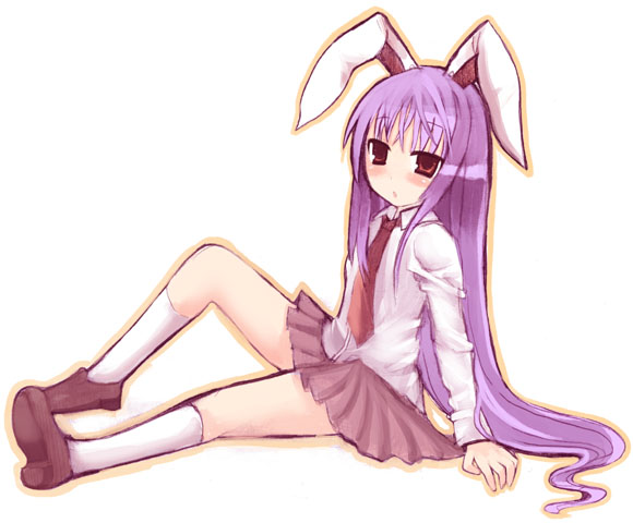 reisen udongein inaba, touhou, 1girl, animal ears, female focus, long hair, purple hair, rabbit ears, red eyes, school uniform, simple background, sitting, skirt, solo