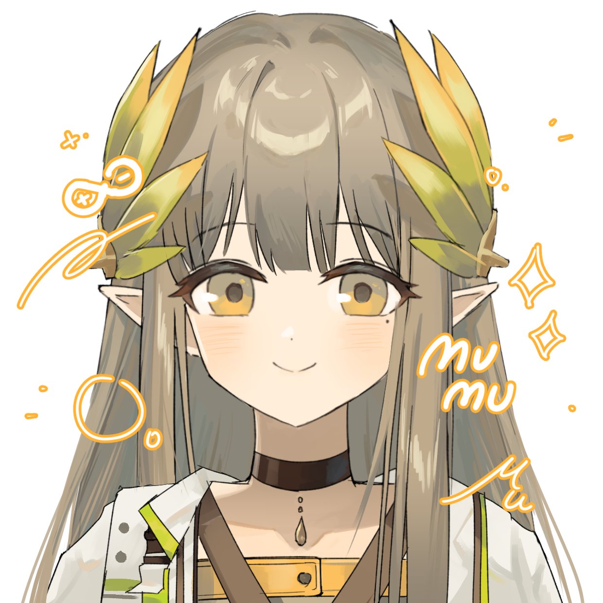 muelsyse (arknights), arknights, highres, 1girl, black choker, blush, brown hair, choker, closed mouth, elf, hair ornament, long hair, looking at viewer, mole, mole under eye, pointy ears, portrait, rhine lab logo, s2 medi, sidelocks, simple background, smile, solo, white background, yellow eyes